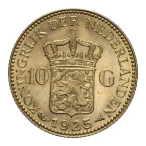 reverse: NETHERLANDS WILHELMINA 10 GULDEN 1925 AU. 6,74 GR. FDC (SEGNETTI AL D/)