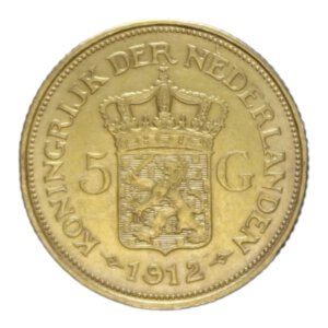 reverse: NETHERLANDS WILHELMINA 5 GULDEN 1912 AU. 3,36 GR. qSPL/SPL