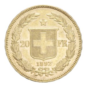 reverse: SWISS 20 FRANCS 1892 B AU. 6,49 GR. qSPL (SEGNI)