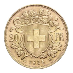 reverse: SWISS 20 FRANCS 1935 B R AU. 6,47 GR. FDC