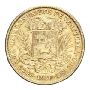 reverse: VENEZUELA 10 BOLIVARES 1930 AU. 3,24 GR. BB+ (APPICCAGNOLO RIMOSSO)