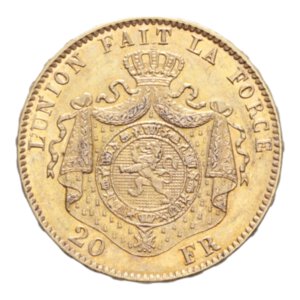 reverse: BELGIUM LEOPOLD II 20 FRANCS 1877 AU. 6,44 GR. SPL