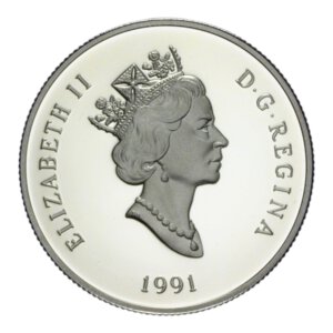 obverse: CANADA ELISABETTA II 100 DOLLARS 1991 AU. 13,26 GR. PROOF (SEGNETTI)