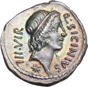 obverse: Q. Sicinius with C. Coponius. AR Denarius, mint moving with Pompey, 49 BC. 