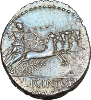 reverse: C. Licinius L. f. Macer.  AR Denarius, 84 BC. 