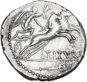 reverse: L. Titurius L.f. Sabinus. AR Denarius, 89 BC.