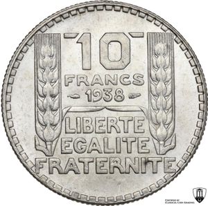 reverse: France.  Third republic (1870-1940).. AR 10 Francs 1938