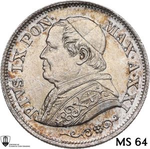 obverse: Roma.  Pio IX (1866-1870). 10 Soldi 1866 A. XXI