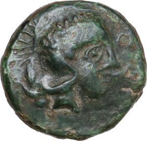 obverse: Sicily.  ΑΘΑ mint in Northwestern Sicily.  ΑΕ Tetras. Imitative issue (?), c. 340-330 BC. 