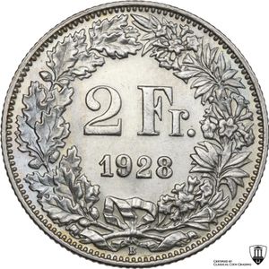 reverse: Switzerland. AR 2 Francs 1928