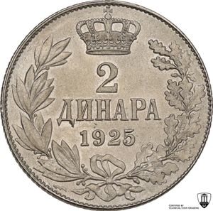 reverse: Yugoslavia.  Alexander I (1921-1934). CU/NI 2 Dinara 1925, Poissy mint