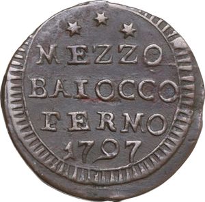 obverse: Fermo. Pio VI (1775-1799). Mezzo baiocco 1797 A. XXIII.
