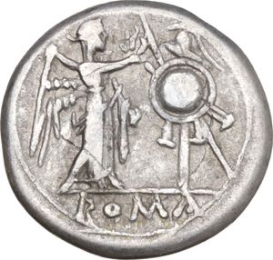 reverse: Anonymous. AR Victoriatus, uncertain Campanian mint, 215-211 BC.