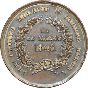 reverse: Pio IX (1846-1878), Giovanni Mastai Ferretti. Medaglia 2 Marzo 1848 per le sollevazioni in Lombardia contro gli Austriaci.