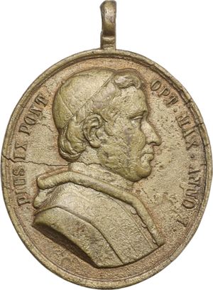 obverse: Pio IX (1846-1878), Giovanni Mastai Ferretti. Medaglietta ovale con appiccagnolo per i sollevamenti in Lombardia contro gli Austriaci.