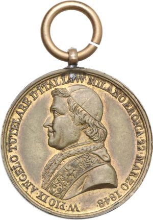 obverse: Pio IX (1846-1878), Giovanni Mastai Ferretti. Medaglietta ovale con appiccagnolo per i sollevamenti in Lombardia contro gli Austriaci. 