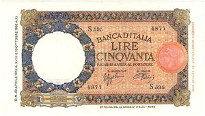 obverse: Regno d Italia. Banca d Italia. 50 Lire Lupetta Fascio 1° tipo 29/04/1940. 