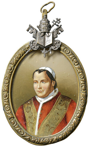 obverse: SD Stato Pontificio. Pio IX (1846-1878). Rara cornicetta in ottone e tiara presumibilmente in Argento. 