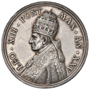 obverse: Stato Pontificio. Leone XIII (1878-1903). San Pietro seduto in trono, volto a sinistra del papa con triregno. Anno XXV. R3.