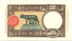 reverse: Regno d Italia. Banca d Italia. 50 Lire Lupetta Fascio 1° tipo 29/04/1940. 
