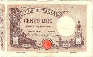 obverse: Regno d Italia. Banca d Italia. 100 Lire Matrice Fascio 08/09/1926. R2. 