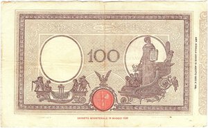 reverse: Regno d Italia. Banca d Italia. 100 Lire Matrice Fascio 08/09/1926. R2. 