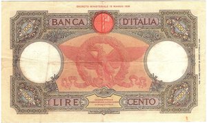 reverse: Regno d Italia. Banca d Italia. 100 Lire Roma Guerriera Fascio 05/10/1931. NC. 