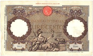 obverse: Regno d Italia. Banca d Italia. 100 Lire Roma Guerriera Fascio 02/11/1937. 