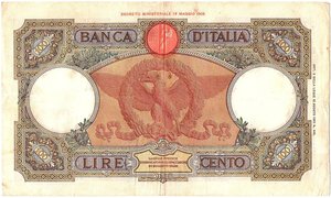 reverse: Regno d Italia. Banca d Italia. 100 Lire Roma Guerriera Fascio 02/11/1937. 