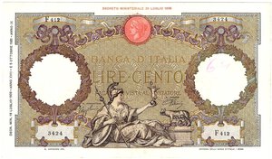 obverse: Regno d Italia. Banca d Italia. 100 Lire Roma Guerriera Fascio 12/07/1939. 