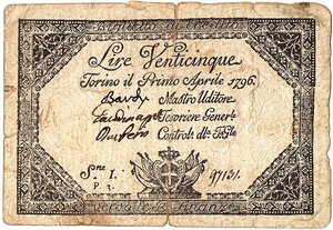 obverse: Banca Sardo-Piemontese. 25 Lire 01/04/1796. 