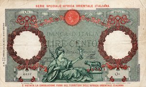reverse: Africa Orientale Italiana. 100 Lire 14/06/1938. Gig# AOI2A. BB+.
