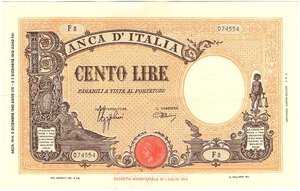obverse: Regno d Italia. Banca d Italia. 100 Lire Grande B Fascio 09/12/1942.