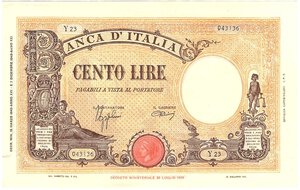 obverse: Regno d Italia. Banca d Italia. 100 Lire Grande B Fascio 15/03/1943. 