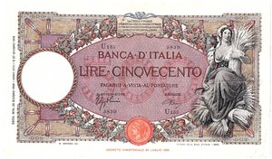 obverse: Regno d Italia. Banca d Italia. 500 Lire Mietitrice Fascio 26/06/1939. 