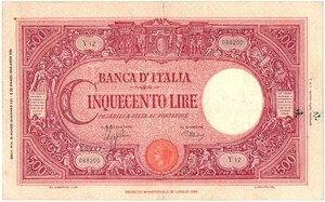 obverse: Regno d Italia. Banca d Italia. 500 Lire Grande C Fascio 31/03/1943. R. 