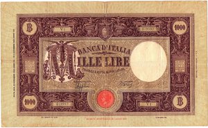 obverse: Regno d Italia. Banca d Italia. 1000 Lire Grande M Fascio 2° tipo 12/12/1942. R. 