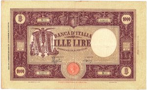 obverse: Regno d Italia. Banca d Italia. 1000 Lire Grande M Fascio 2° tipo 06/02/1943. R. 
