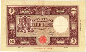 obverse: Regno d Italia. Banca d Italia. 1000 Lire Grande M BI 22/09/1943. R. 