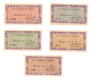 obverse: Repubblica Sociale Italiana. Lotto composto da banconote da 1, 2, 5, 10 e 25 Lire Ditta Solbiati e Rossini 1944. FDS.