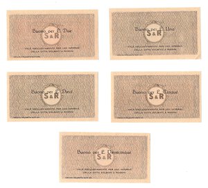 reverse: Repubblica Sociale Italiana. Lotto composto da banconote da 1, 2, 5, 10 e 25 Lire Ditta Solbiati e Rossini 1944. FDS.