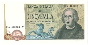 obverse: Repubblica Italiana. 5000 Lire Cristoforo Colombo 10/11/1977. NC.