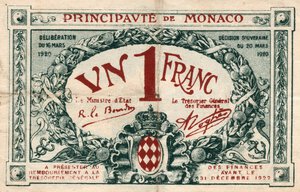 obverse: Monaco. 1 Franc 1920. 