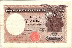 obverse: Regno d Italia. Banca d Italia. 25 Lire 22/01/1919. R3. 