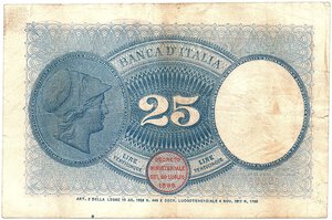 reverse: Regno d Italia. Banca d Italia. 25 Lire 22/01/1919. R3. 