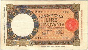 obverse: Regno d Italia. Banca d Italia. 50 Lire Lupetta Fascio 1° tipo 29/01/1938. 