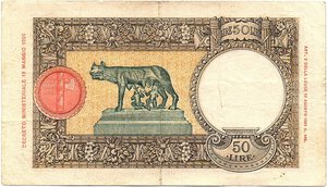 reverse: Regno d Italia. Banca d Italia. 50 Lire Lupetta Fascio 1° tipo 29/01/1938. 