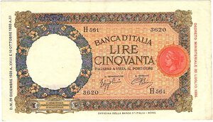 obverse: Regno d Italia. Banca d Italia. 50 Lire Lupetta Fascio 1° tipo 29/12/1939. 