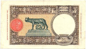 reverse: Regno d Italia. Banca d Italia. 50 Lire Lupetta Fascio 1° tipo 29/12/1939. 