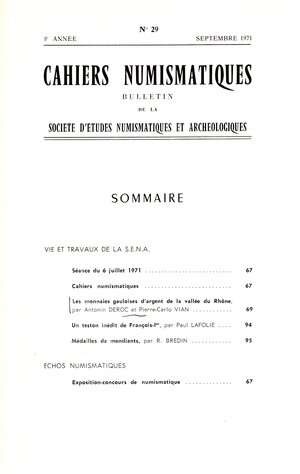obverse: DEROC  A.- VIAN P.C. - Les monnaies gauloise d argent de la vallée du Rhone. Paris, 1971.  pp 69- 93, tavole 2.brossura editoriale, buono stato, importante lavoro.